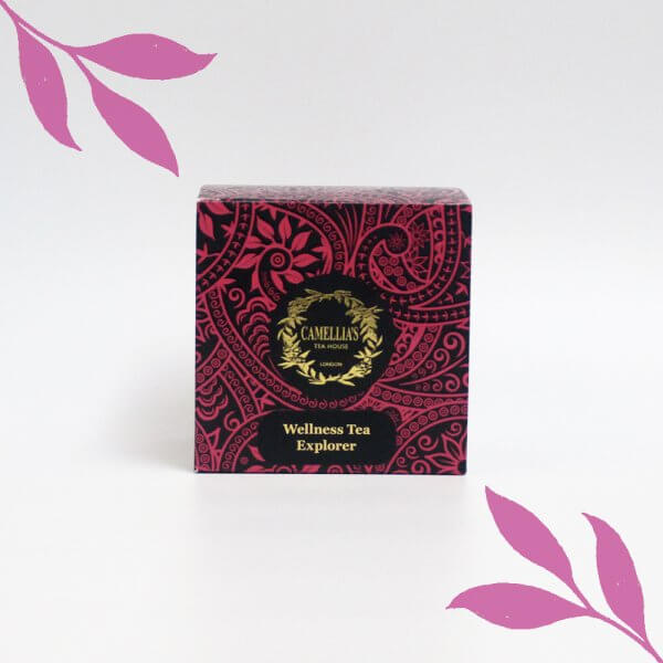 Wellness loose lead tea in a pink pattern box